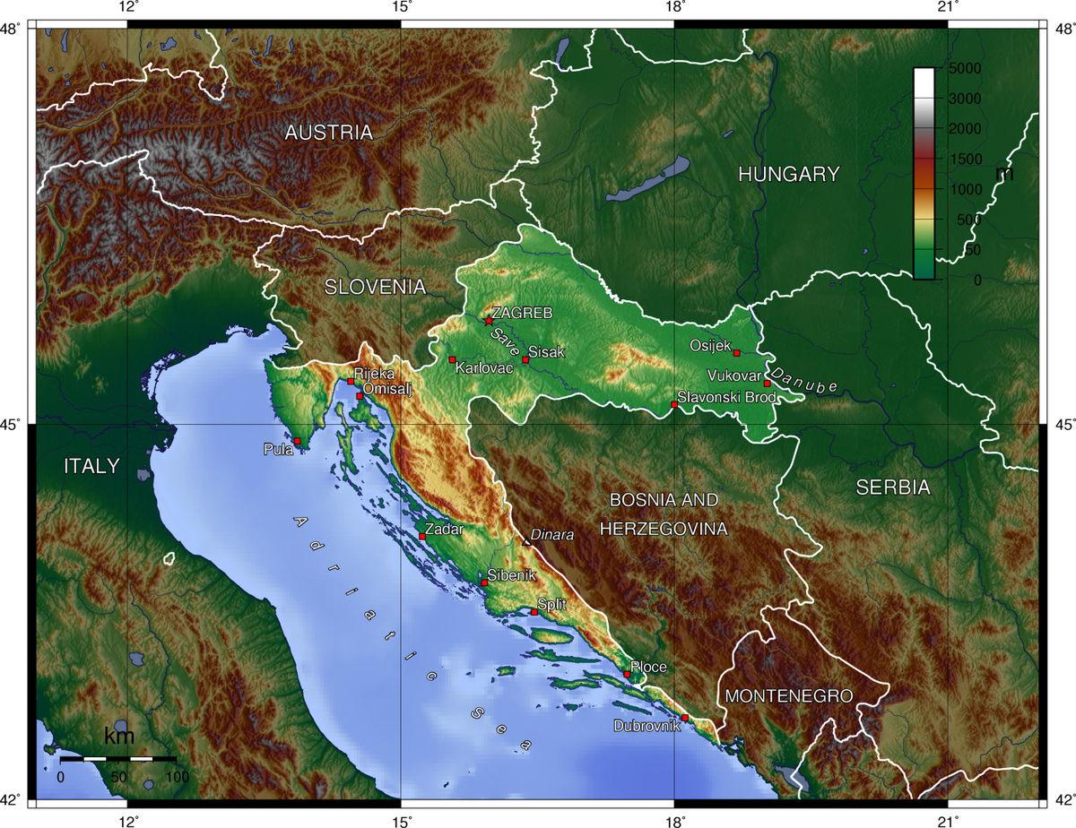 Kroatia topografinen kartta - Kartta kroatian topografinen  (Etelä-Euroopassa - Eurooppa)