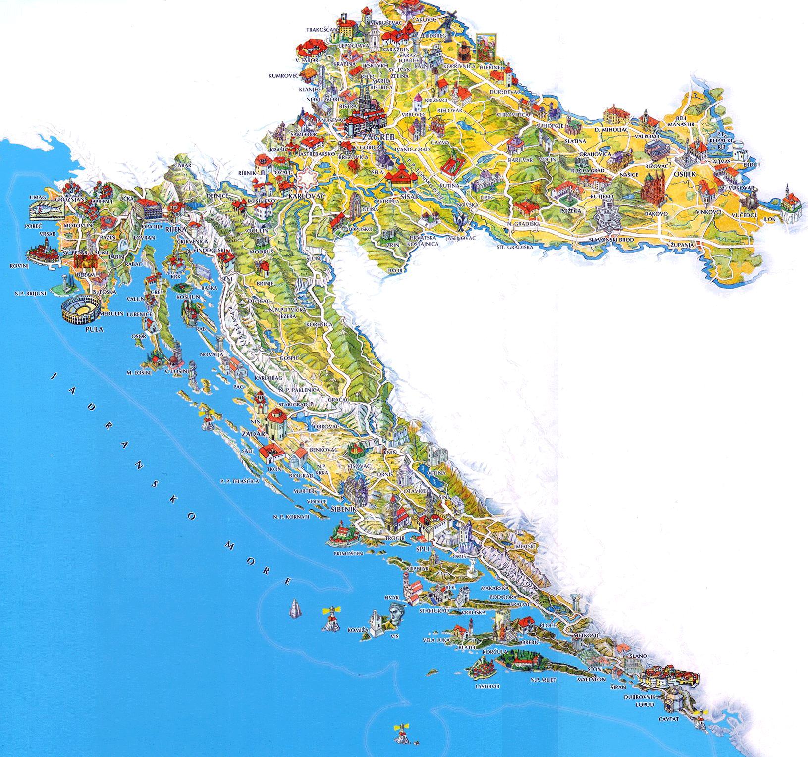 Kroatian matka-kartta - Kroatia nähtävyydet kartta (Etelä-Euroopassa -  Eurooppa)