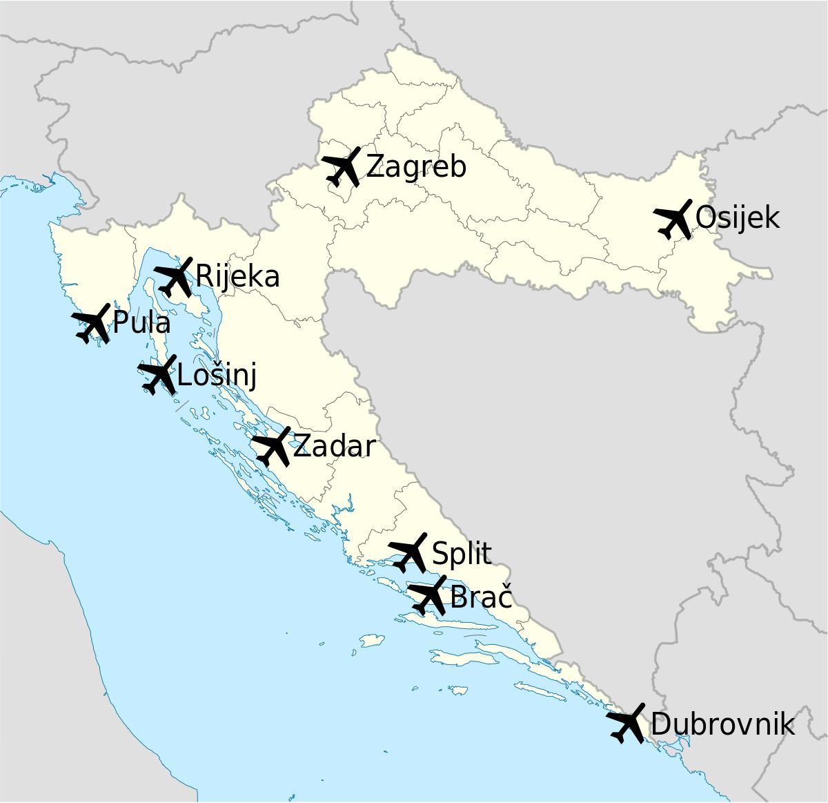 kartta kroatian osoittaa lentokentät