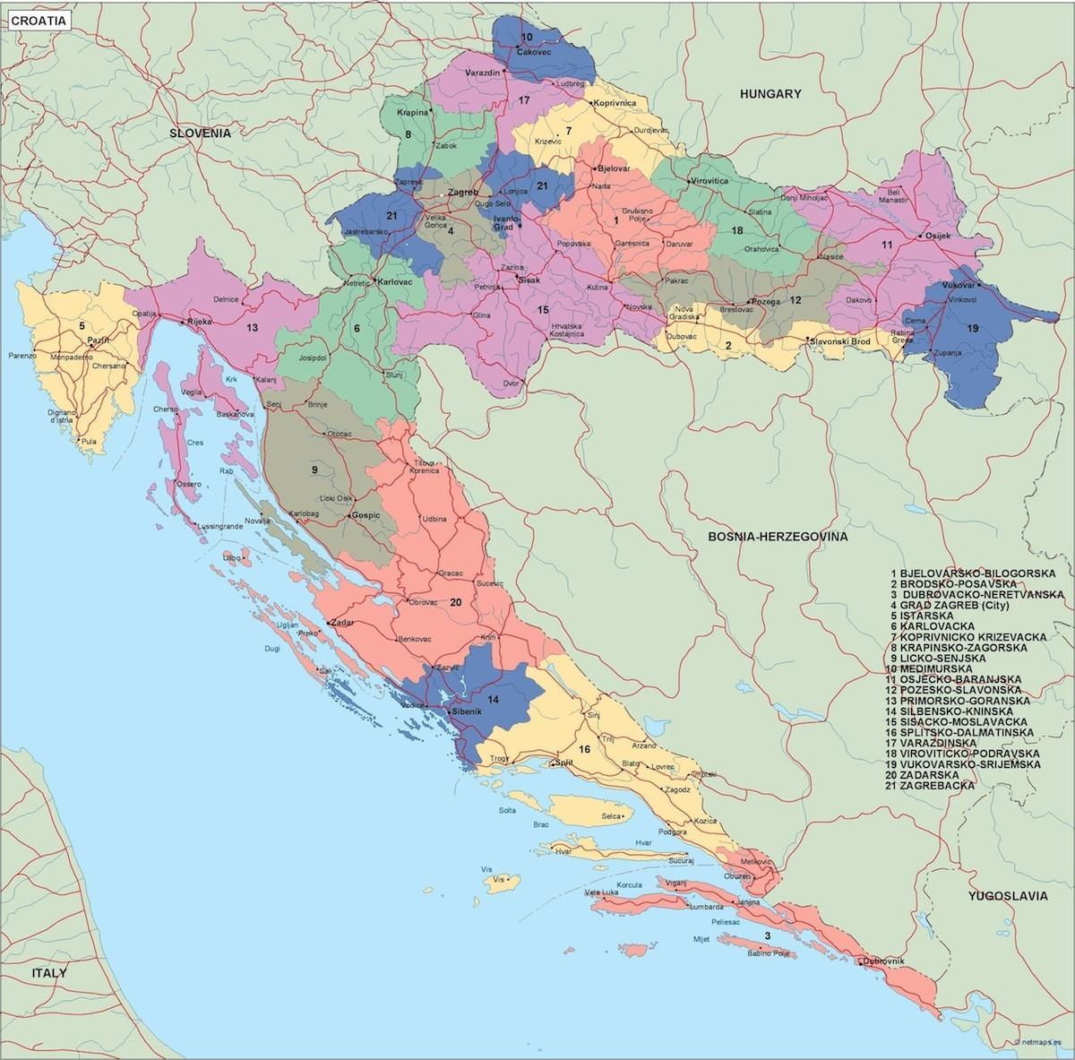 Kroatian poliittisen kartta - Kartta kroatian poliittinen (Etelä-Euroopassa  - Eurooppa)